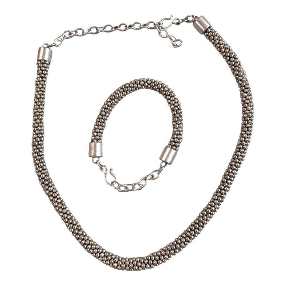Silver Tone Mesh Beaded Necklace & Bracelet Set Adjustable Chain Length Art Deco